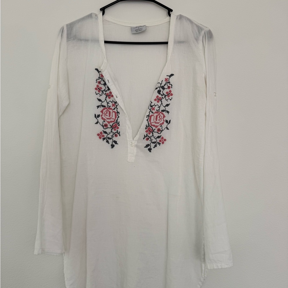 Traditional Bulgarian Embroidered women’s blouse Pink Floral Detail 100% cotton
